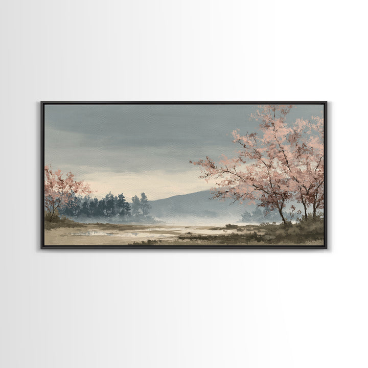 Spring Cherry Blossoms Framed Canvas Print, Nature Art, Modern Wall Art, Living Room Decor, Fine Art, Nature, Mountain Art, NAT-2x1-84