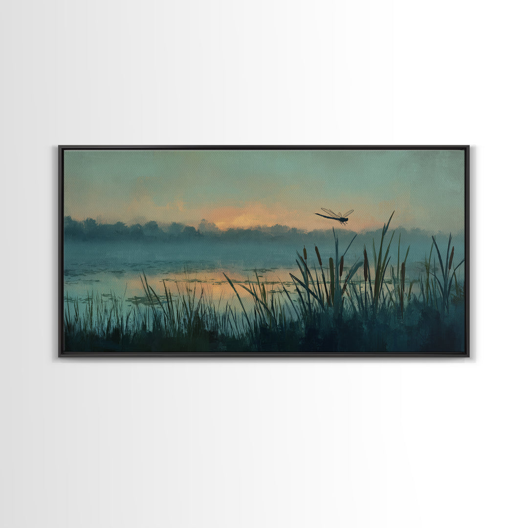 Dragonfly over a Pond with Reeds Framed Canvas Print, Nature Art, Home Decor, Living Room Decor, Nature, Abstract Wall Art, NAT-2x1-86