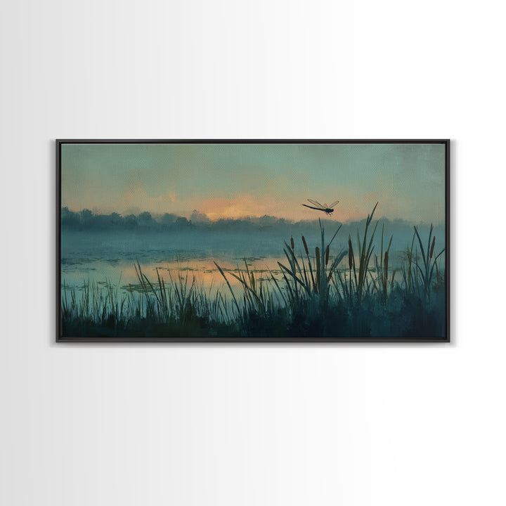 Dragonfly over a Pond with Reeds Framed Canvas Print, Nature Art, Home Decor, Living Room Decor, Nature, Abstract Wall Art, NAT-2x1-86