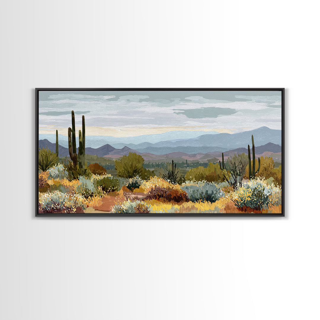 Desert Cactus Blooming After Rain Framed Canvas Print, Nature Art, Wood Wall Art, Living Room Decor, Fine Art, Nature, NAT-2x1-88