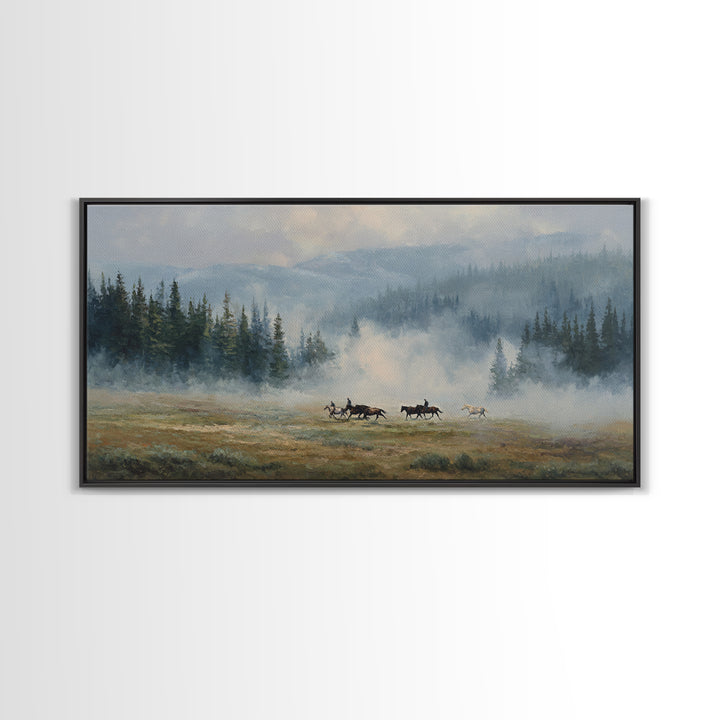 Wild Horses Running Near Mountain Ridge Framed Canvas Print, Nature Art, Poster, Living Room Decor, Fine Art, Nature, NAT-2x1-90