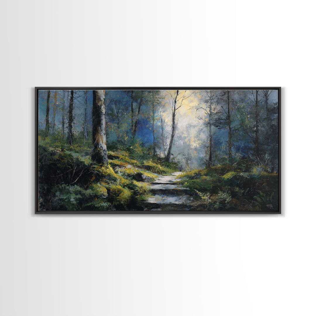 Sunlit Forest Path Canvas Print, Nature Art, Framed Art, Living Room Decor, Nature, Botanical Art, Digital Download Art, NAT-2x1-93