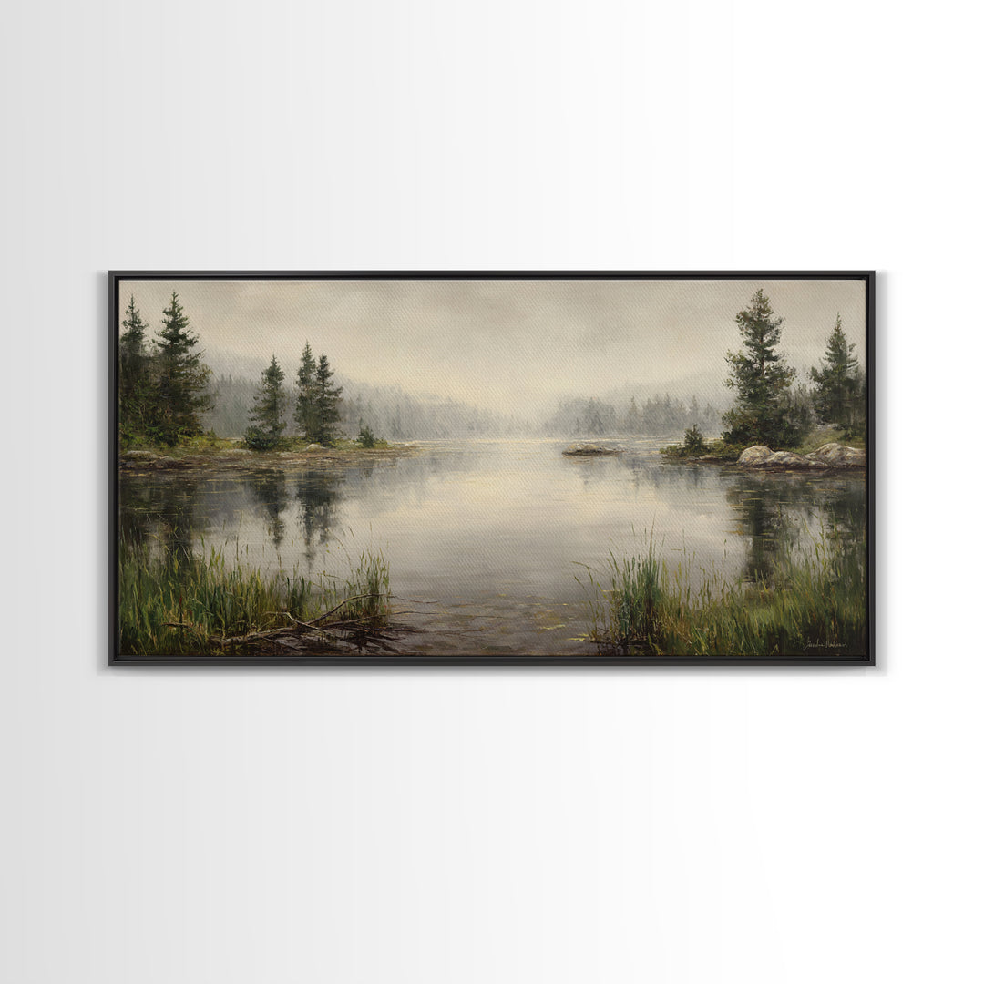 Misty Mountain Lake Framed Canvas Print, Nature Art, Wood Wall Art, Living Room Decor, Fine Art, Nature, Digital Download Art, NAT-2x1-97