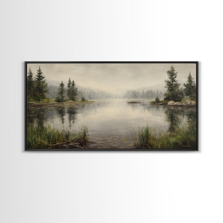 Misty Mountain Lake Framed Canvas Print, Nature Art, Wood Wall Art, Living Room Decor, Fine Art, Nature, Digital Download Art, NAT-2x1-97