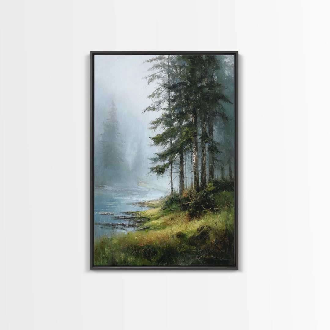 Moody Pine Forest Framed Canvas Print, Nature Art, Wall Art, Living Room Decor, Oil Painting, Nature, Wood Wall Art, NAT-2x3-1