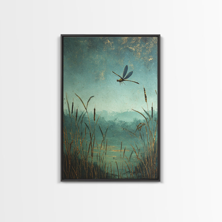 Dragonfly over a Pond with Reeds Framed Canvas Print, Nature Art, Boho Decor, Living Room Decor, Abstract Art, Nature, NAT-2x3-2