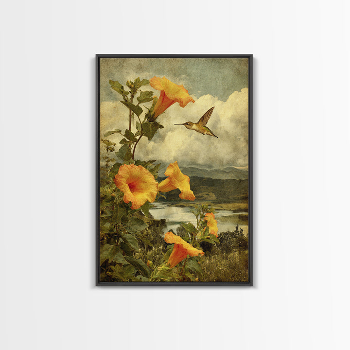 Hummingbird Beside Bright Trumpet Flowers Framed Canvas Print, Nature Art, Mushroom, Living Room Decor, Watercolor Art, Nature, NAT-2x3-20