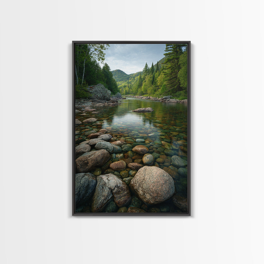 River Stones under Clear Shallow Water Framed Canvas Print, Nature Art, Living Room Decor, Oil Painting, Nature, NAT-2x3-21