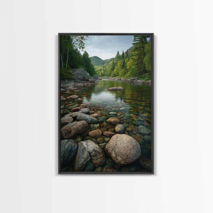 River Stones under Clear Shallow Water Framed Canvas Print, Nature Art, Living Room Decor, Oil Painting, Nature, NAT-2x3-21