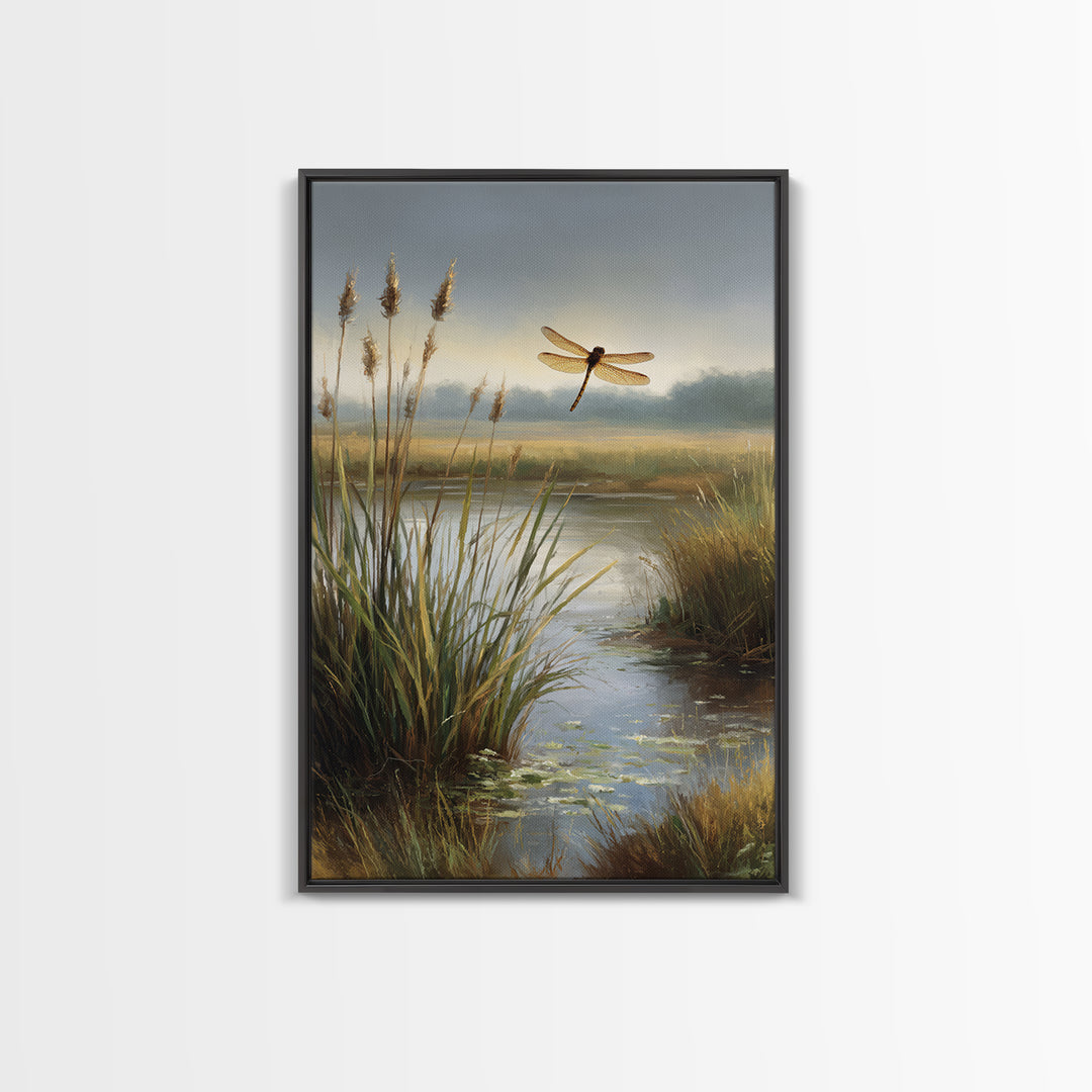 Dragonfly over a Pond with Reeds Framed Canvas Print, Nature Art, Boho Decor, Living Room Decor, Abstract Art, Nature, NAT-2x3-26