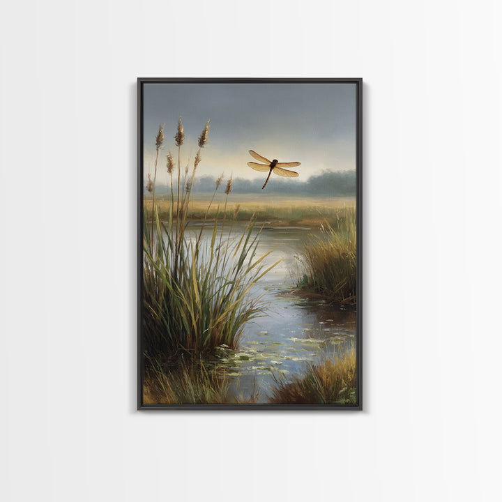 Dragonfly over a Pond with Reeds Framed Canvas Print, Nature Art, Boho Decor, Living Room Decor, Abstract Art, Nature, NAT-2x3-26
