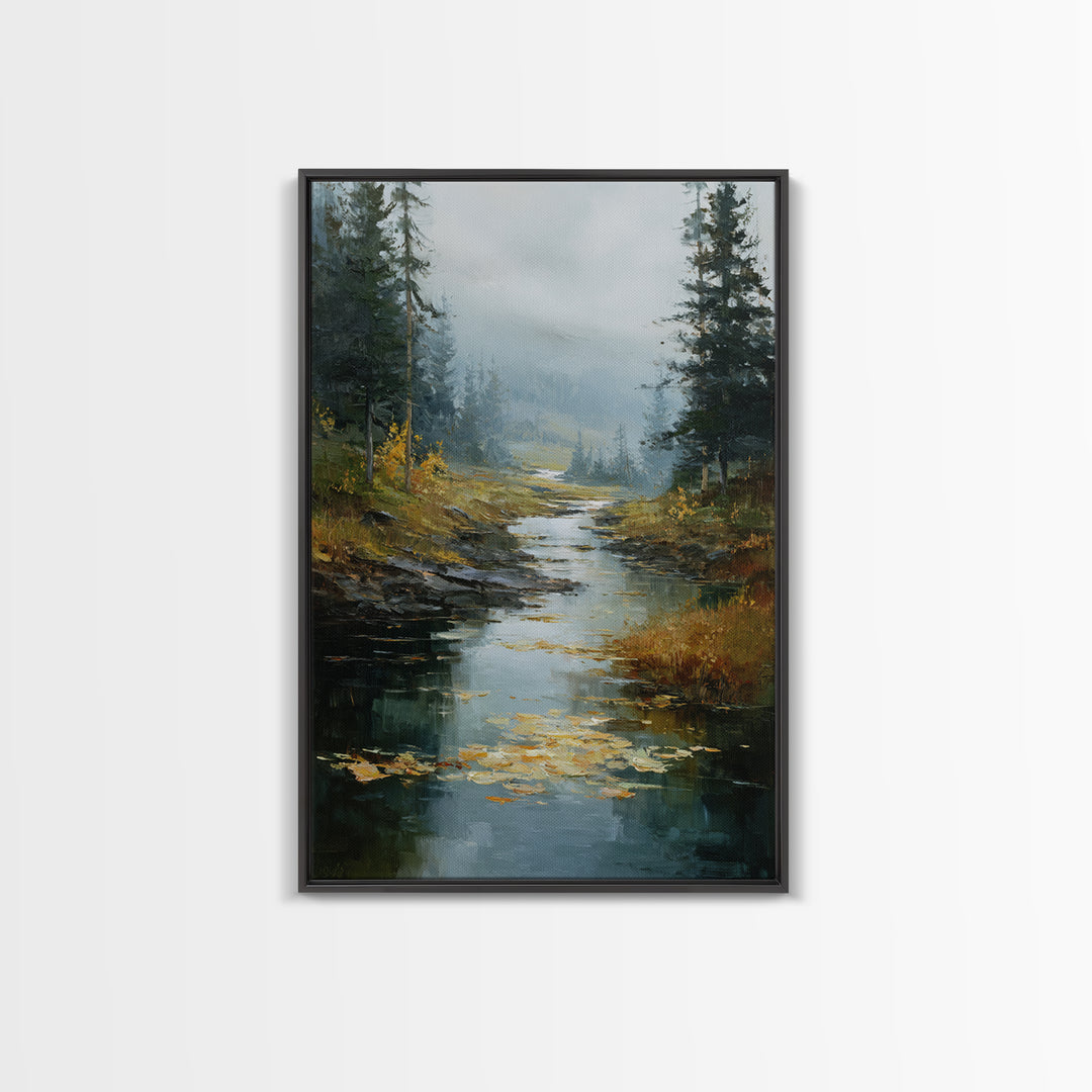 Autumn Leaves Floating on Quiet Stream Framed Canvas Print, Nature Art, Wall Art, Living Room Decor, Fine Art, Nature, NAT-2x3-38