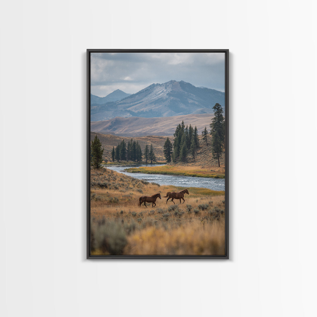 Wild Horses Running Near Mountain Ridge Canvas Print, Nature Art, Minimalist Decor, Living Room Decor, Fine Art, Nature, NAT-2x3-54