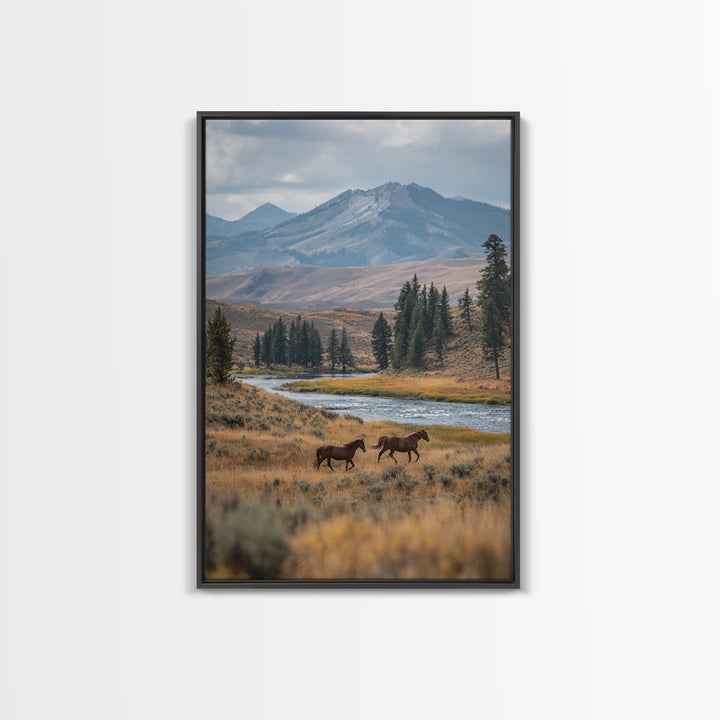 Wild Horses Running Near Mountain Ridge Canvas Print, Nature Art, Minimalist Decor, Living Room Decor, Fine Art, Nature, NAT-2x3-54