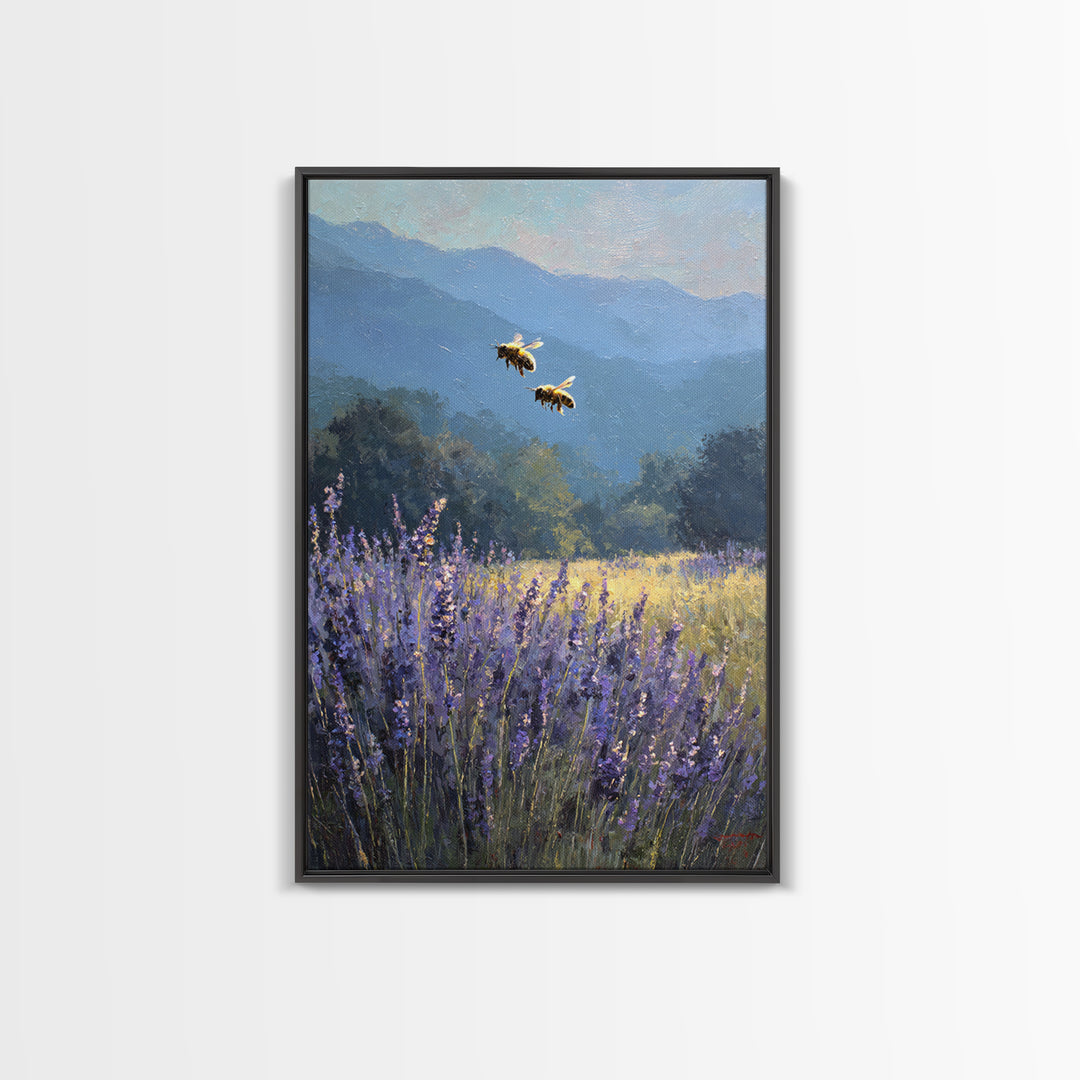 Bees Circling Lavender Blossoms Framed Canvas Print, Nature Art, Textured Painting, Living Room Decor, Fine Art, Nature, NAT-2x3-55