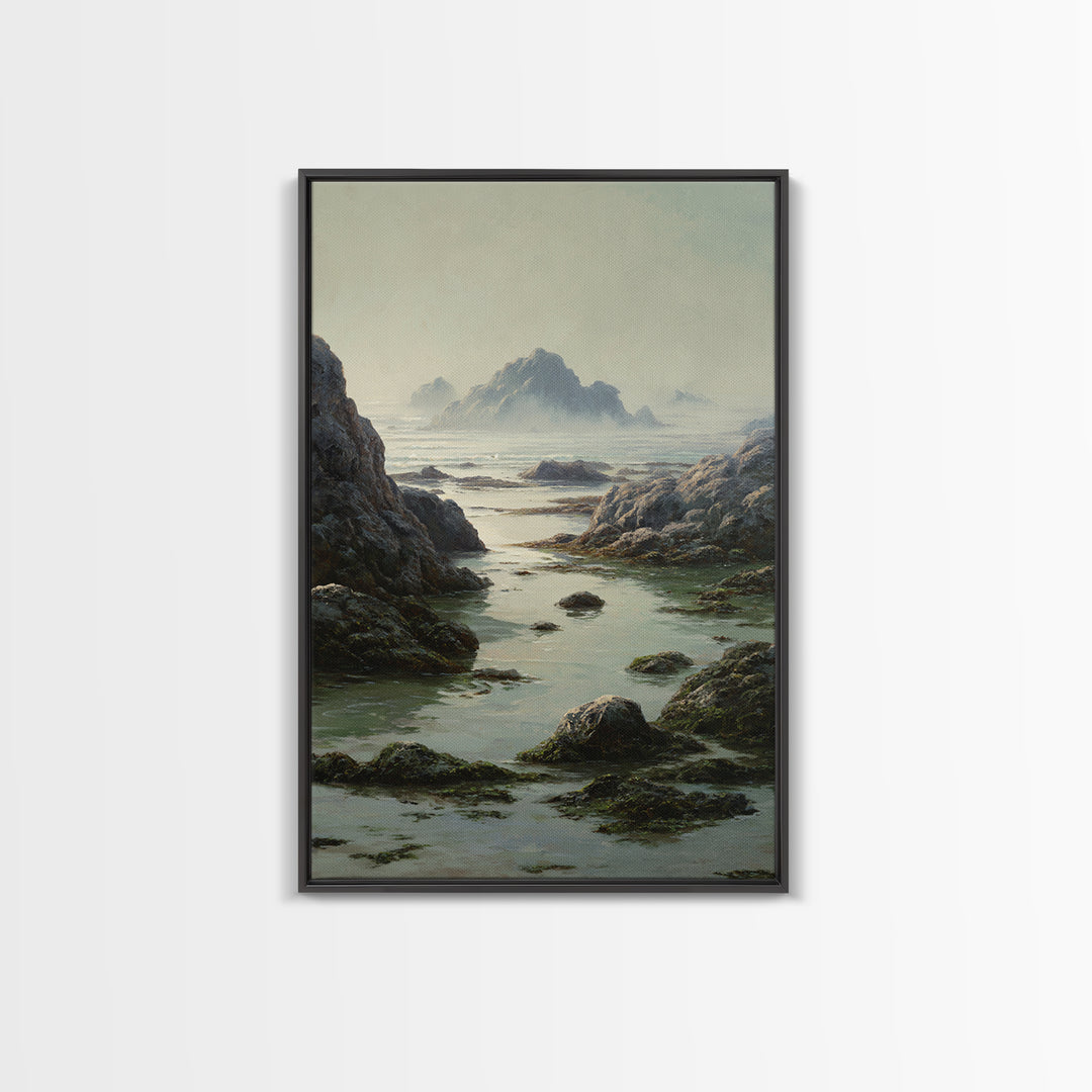 Calm Beach Tide Pooling Around Rocks Framed Canvas Print, Nature Art, Neutral Decor, Living Room Decor, Abstract Art, Nature, NAT-2x3-56