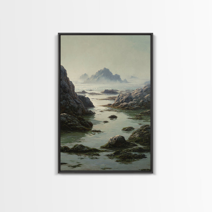 Calm Beach Tide Pooling Around Rocks Framed Canvas Print, Nature Art, Neutral Decor, Living Room Decor, Abstract Art, Nature, NAT-2x3-56