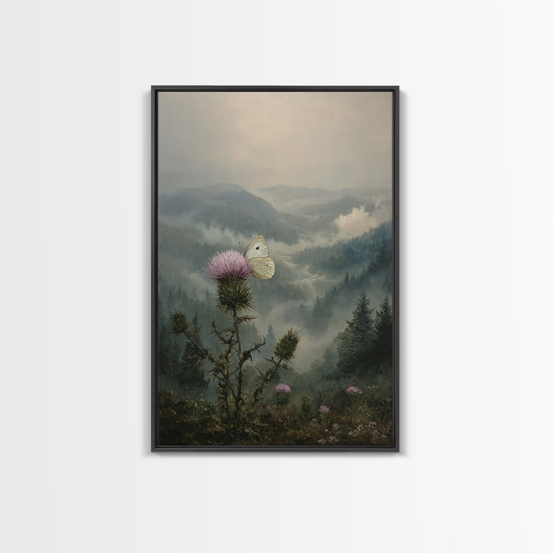 Butterfly Resting on a Blooming Thistle Framed Canvas Print, Nature Art, Wall Art, Living Room Decor, Fine Art, Nature, NAT-2x3-60
