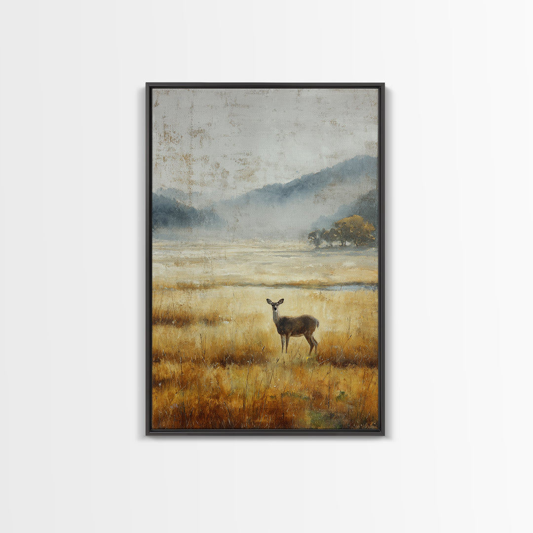 Deer Standing in a Golden Field Framed Canvas Print, Nature Art, Room Decor, Living Room Decor, Fine Art, Nature, Wall Hangings, NAT-2x3-64