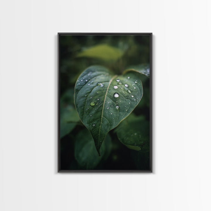 Rain Drops on a Large Green Leaf Canvas Print, Nature Art, Floral, Living Room Decor, Oil Painting, Nature, Moss Art, NAT-2x3-65