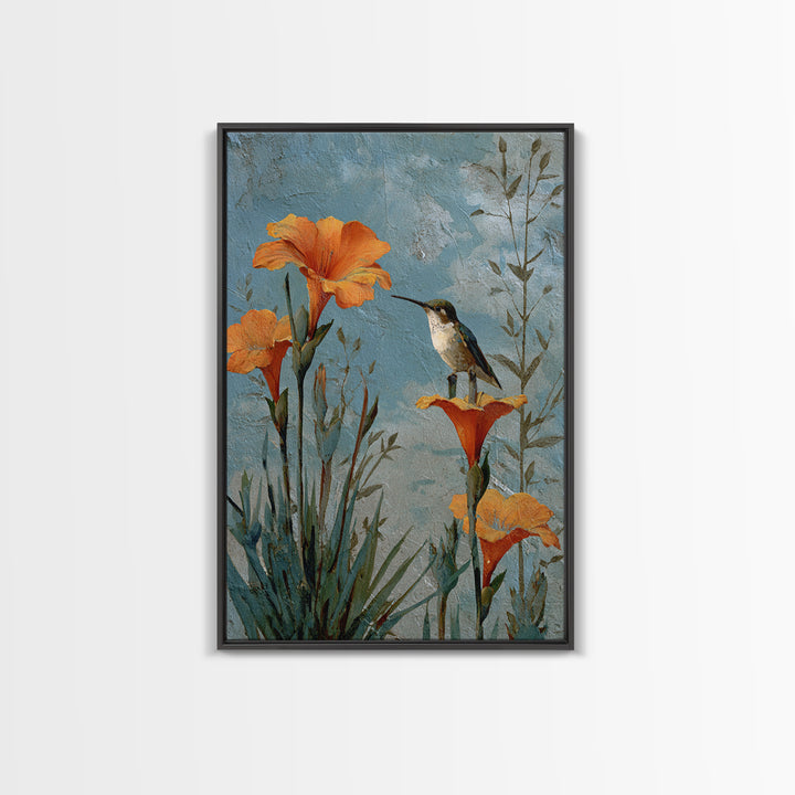 Hummingbird Beside Bright Trumpet Flowers Framed Canvas Print, Nature Art, Wall Hangings, Living Room Decor, Oil Painting, NAT-2x3-68