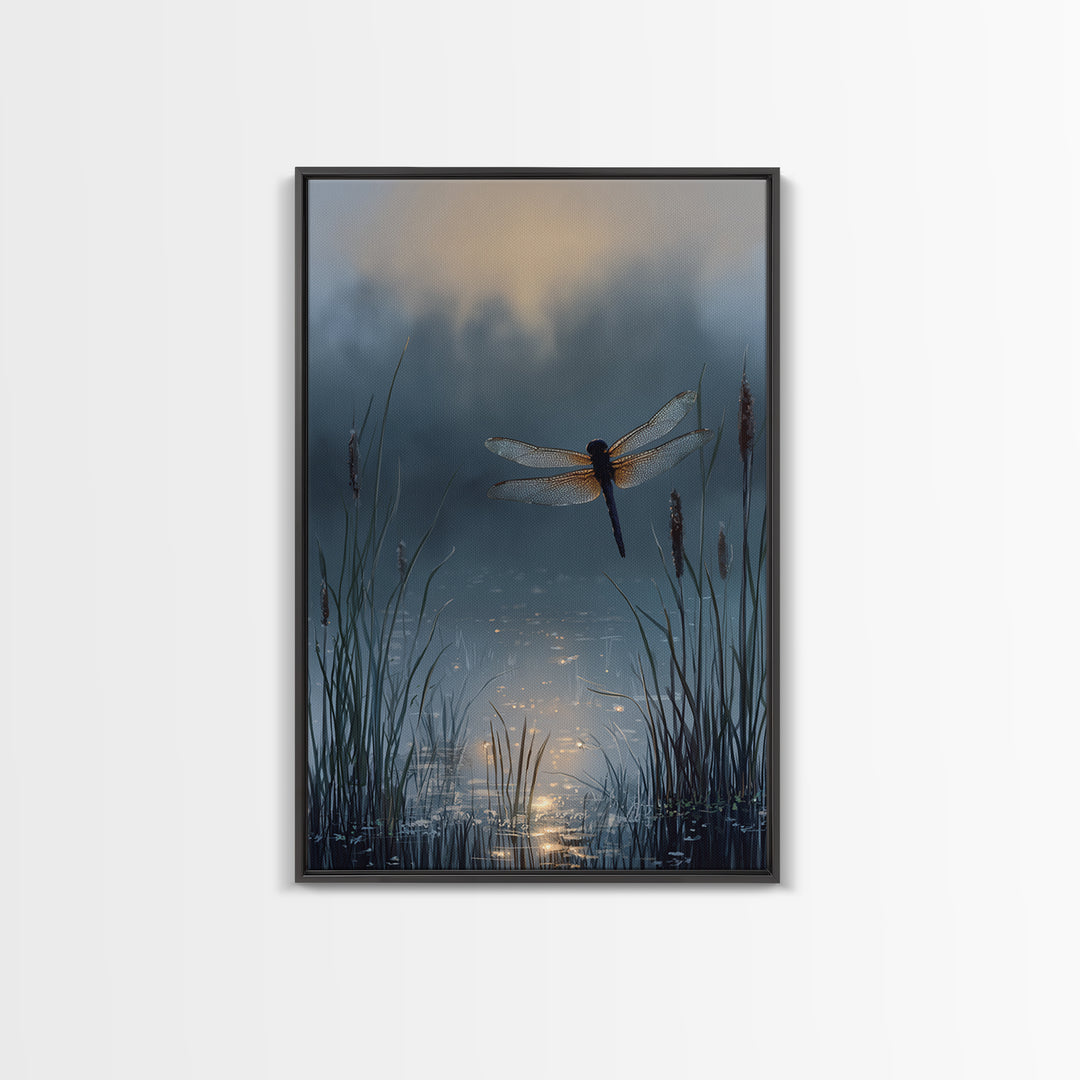Dragonfly over a Pond with Reeds Framed Canvas Print, Nature Art, Art, Living Room Decor, Watercolor Art, Nature, 3d Wall Art, NAT-2x3-74