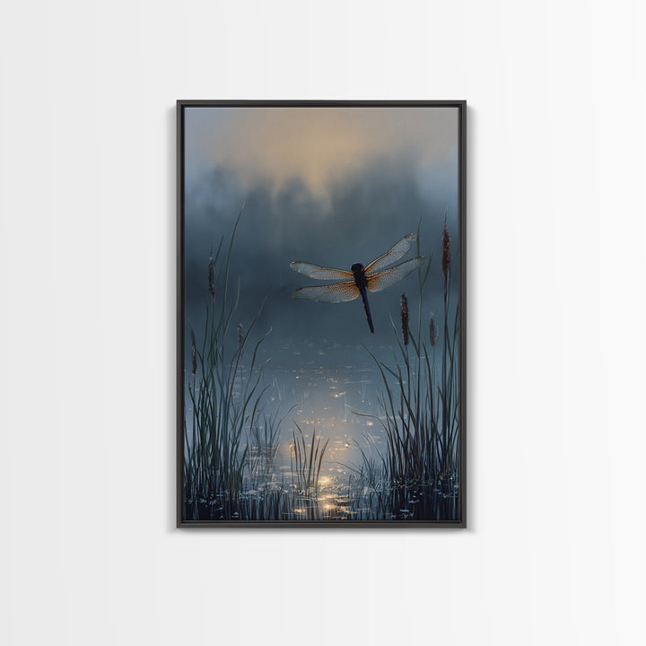Dragonfly over a Pond with Reeds Framed Canvas Print, Nature Art, Art, Living Room Decor, Watercolor Art, Nature, 3d Wall Art, NAT-2x3-74