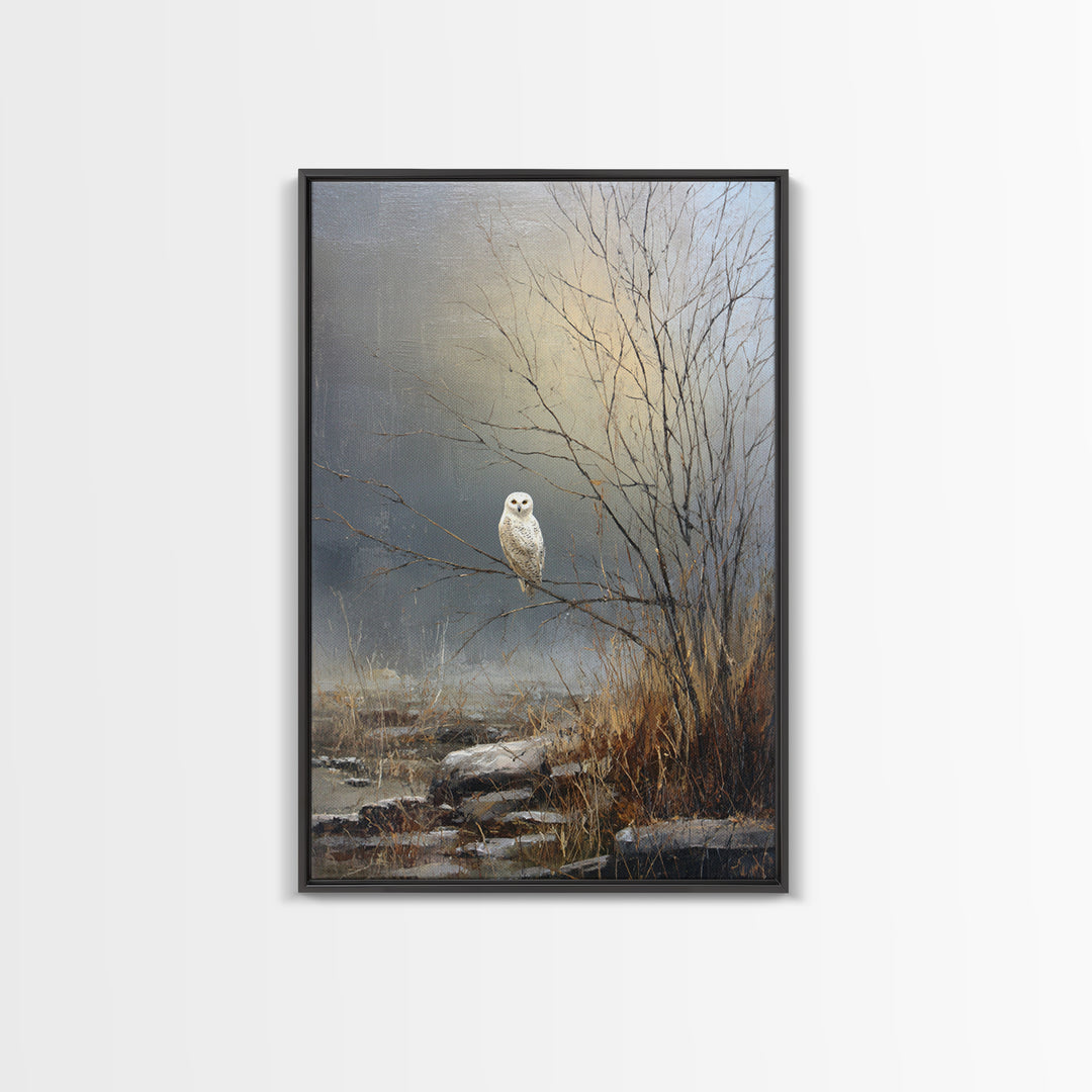 Owl in Moonlit Branches Framed Canvas Print, Nature Art, Printable Wall Art, Living Room Decor, Watercolor Art, Nature, NAT-2x3-75