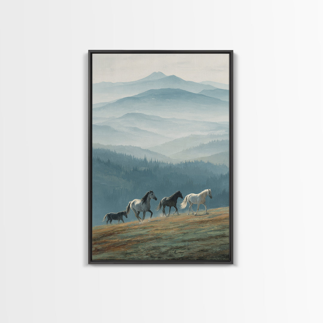 Wild Horses Running Near Mountain Ridge Framed Canvas Print, Nature Art, Wall Decor, Living Room Decor, Fine Art, Nature, NAT-2x3-78