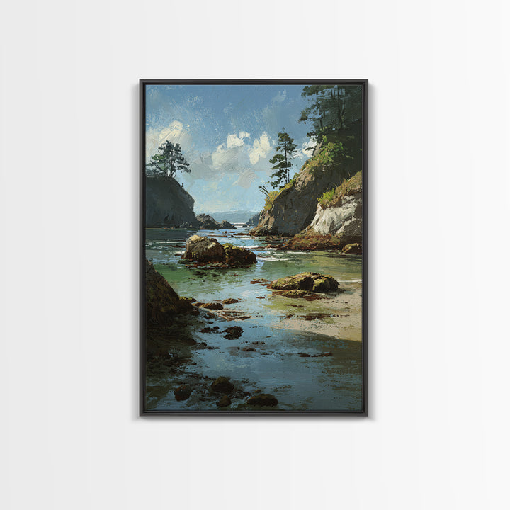 Calm Beach Tide Pooling Around Rocks Framed Canvas Print, Nature Art, Living Room Decor, Watercolor Art, Nature, NAT-2x3-80