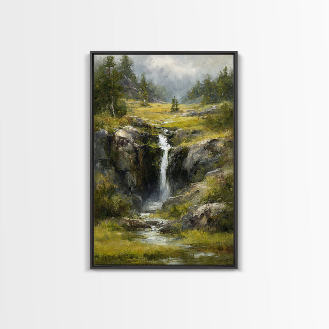 Waterfall Hidden Among Dark Green Rocks Framed Canvas Print, Nature Art, Abstract Wall Art, Living Room Decor, Abstract Art, NAT-2x3-83