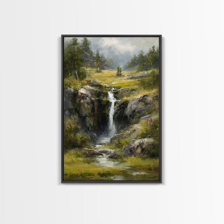 Waterfall Hidden Among Dark Green Rocks Framed Canvas Print, Nature Art, Abstract Wall Art, Living Room Decor, Abstract Art, NAT-2x3-83