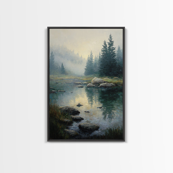 Misty Mountain Lake Framed Canvas Print, Nature Art, Abstract Wall Art, Living Room Decor, Oil Painting, Nature, Bird Wall Art, NAT-2x3-85
