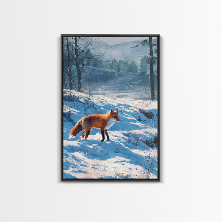 Fox Crossing a Snowy Forest Clearing Framed Canvas Print, Nature Art, Living Room Decor, Oil Painting, Nature, NAT-2x3-90