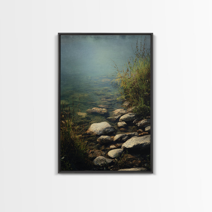 River Stones under Clear Shallow Water Framed Canvas Print, Nature Art, Artwork, Living Room Decor, Fine Art, Nature, NAT-2x3-93