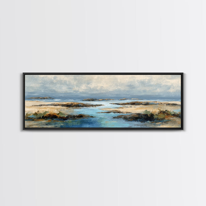 Calm Beach Tide Pooling Around Rocks Canvas Print, Nature Art, Living Room Wall Art, Living Room Decor, Fine Art, Nature, NAT-3x1-16