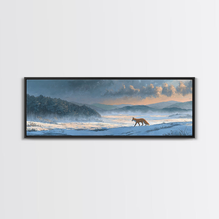 Fox Crossing a Snowy Forest Clearing Framed Canvas Print, Nature Art, Painting, Living Room Decor, Nature, Modern Wall Art, NAT-3x1-2