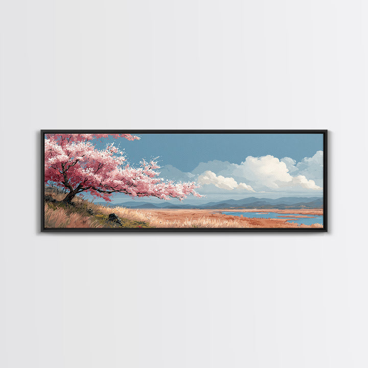 Spring Cherry Blossoms Framed Canvas Print, Nature Art, Landscape Print, Living Room Decor, Watercolor Art, Nature, NAT-3x1-32