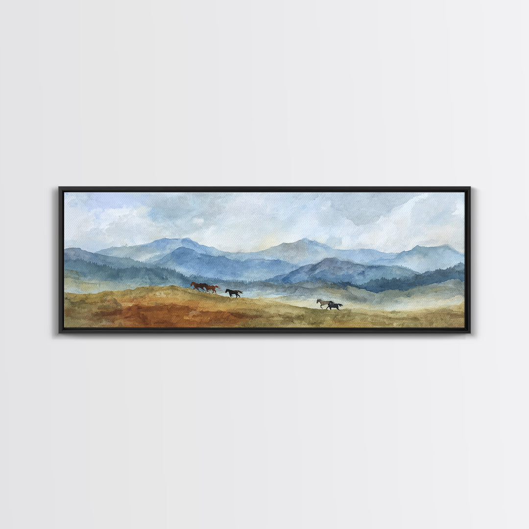 Wild Horses Running Near Mountain Ridge Canvas Print, Nature Art, Wall Hangings, Living Room Decor, Oil Painting, Nature, NAT-3x1-38