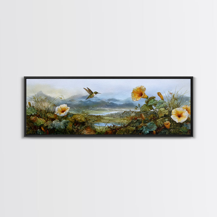 Hummingbird Beside Bright Trumpet Flowers Canvas Print, Nature Art, Moss Art, Living Room Decor, Watercolor Art, Nature, NAT-3x1-4