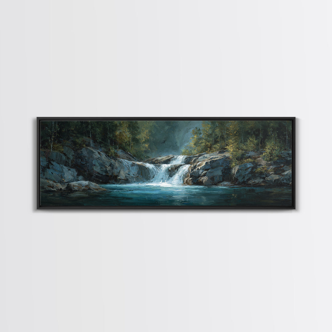 Waterfall Hidden Among Dark Green Rocks Canvas Print, Nature Art, Poster, Living Room Decor, Nature, Abstract Wall Art, NAT-3x1-43