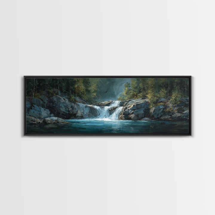 Waterfall Hidden Among Dark Green Rocks Canvas Print, Nature Art, Poster, Living Room Decor, Nature, Abstract Wall Art, NAT-3x1-43