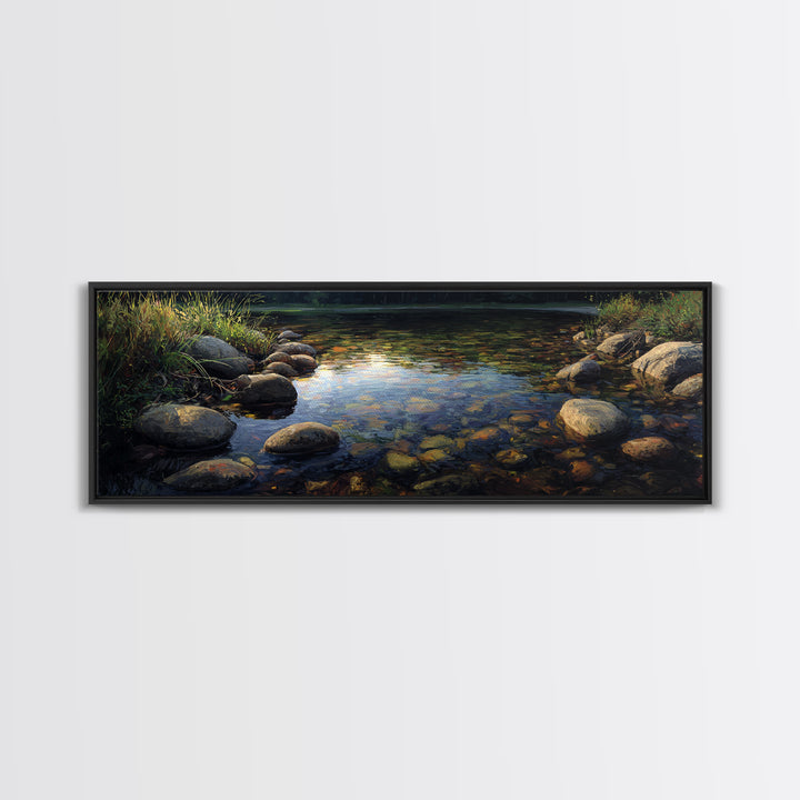 River Stones under Clear Shallow Water Framed Canvas Print, Nature Art, Living Room Decor, Watercolor Art, Nature, NAT-3x1-5