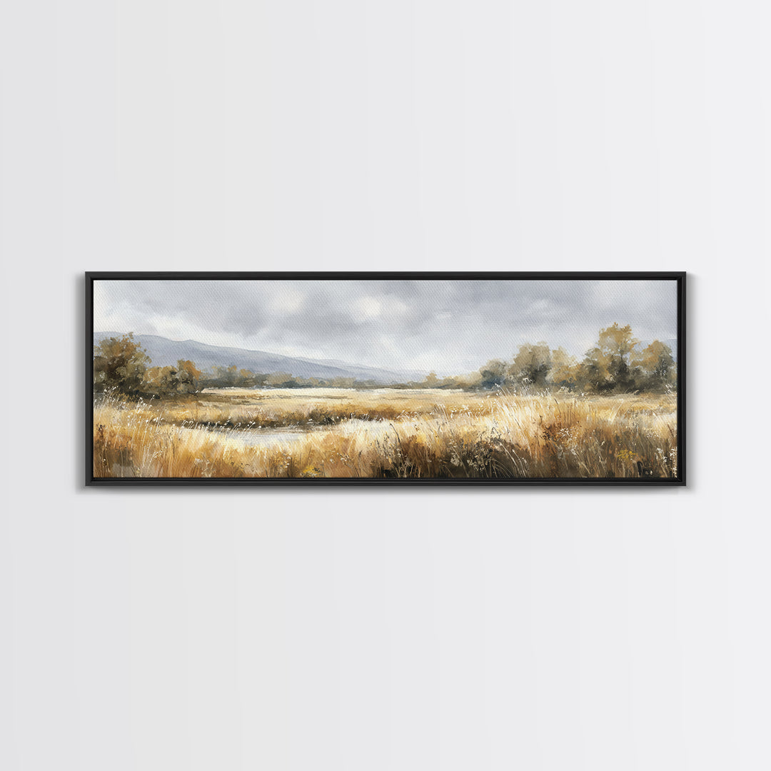 Sunrise Through Tall Grass and Wildflowers Framed Canvas Print, Nature Art, Wall Decor, Living Room Decor, Oil Painting, Nature, NAT-3x1-51