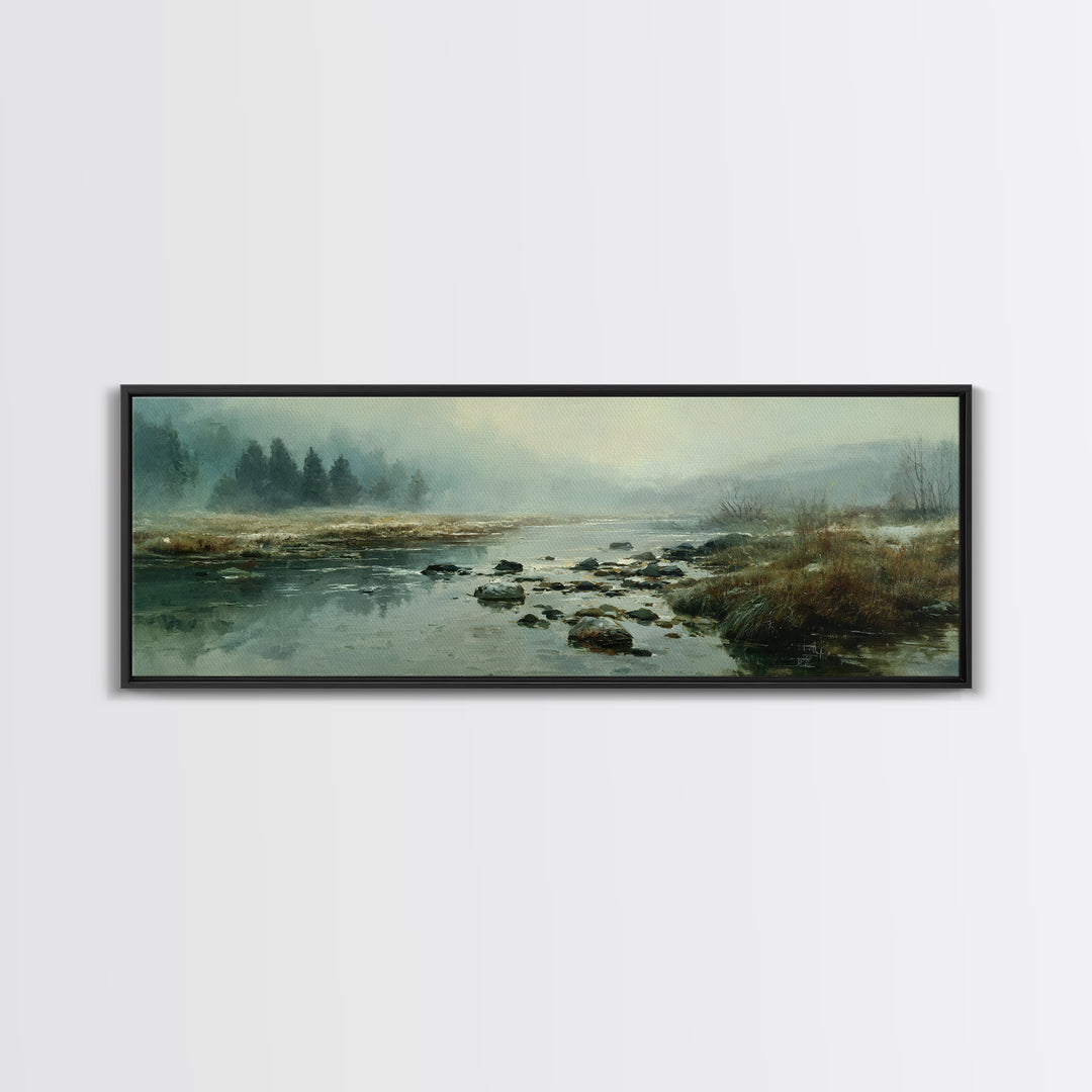 River Stones under Clear Shallow Water Framed Canvas Print, Nature Art, Stained Glass Art, Living Room Decor, Fine Art, Nature, NAT-3x1-53