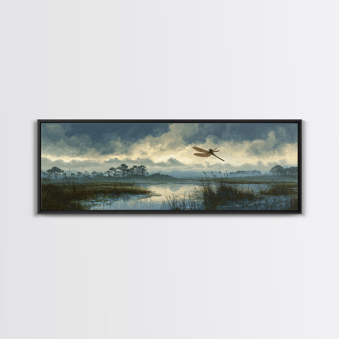 Dragonfly over a Pond with Reeds Framed Canvas Print, Nature Art, Wood Wall Art, Living Room Decor, Fine Art, Nature, NAT-3x1-58