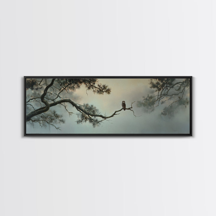 Owl in Moonlit Branches Framed Canvas Print, Nature Art, Wall Art, Living Room Decor, Watercolor Art, Nature, Wood Wall Art, NAT-3x1-59