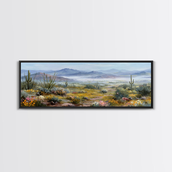 Desert Cactus Blooming After Rain Framed Canvas Print, Nature Art, Boho Decor, Living Room Decor, Oil Painting, Nature, NAT-3x1-60