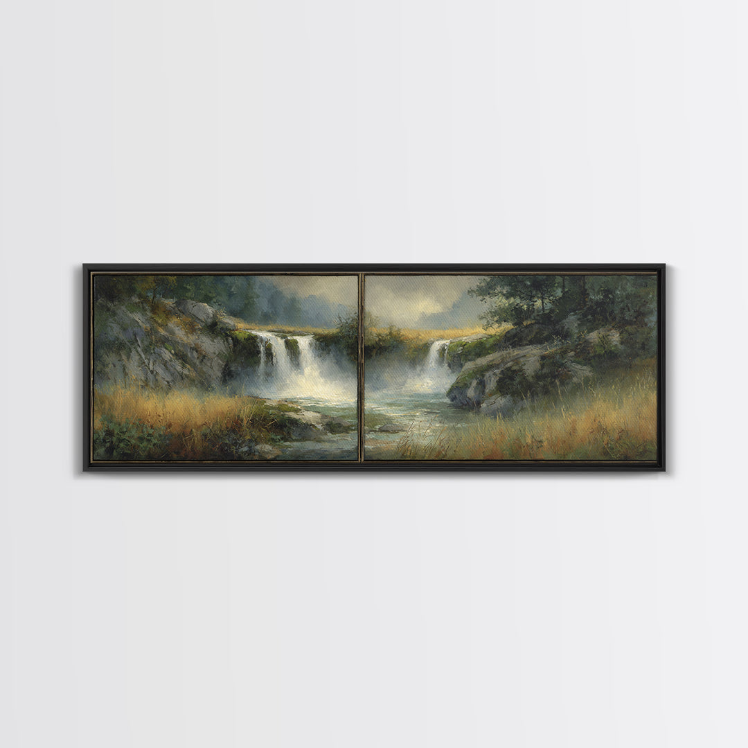 Waterfall Hidden Among Dark Green Rocks Framed Canvas Print, Nature Art, Wall Hangings, Living Room Decor, Abstract Art, Nature, NAT-3x1-67