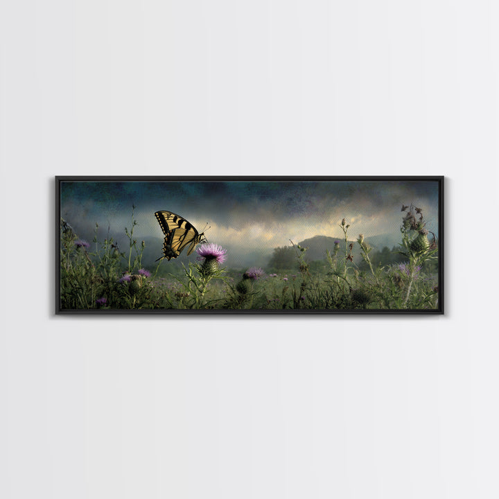 Butterfly Resting on a Blooming Thistle Framed Canvas Print, Nature Art, Living Room Decor, Watercolor Art, Nature, NAT-3x1-68